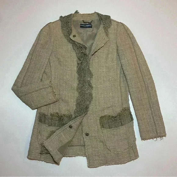 Dolce & Gabbana Tweed Lace Jacket Blazer 38 XS S Cotton Cardigan Silk Lined Tan - Picture 1 of 8